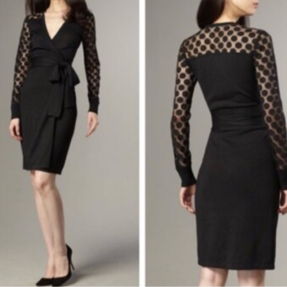 Diane Von Furstenberg Linda Black Silk Midi Wrap Polka Dot